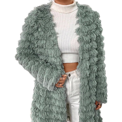 Women Midi-length Plush Coat with Fringe Structure and Open Silhouette EVA-US