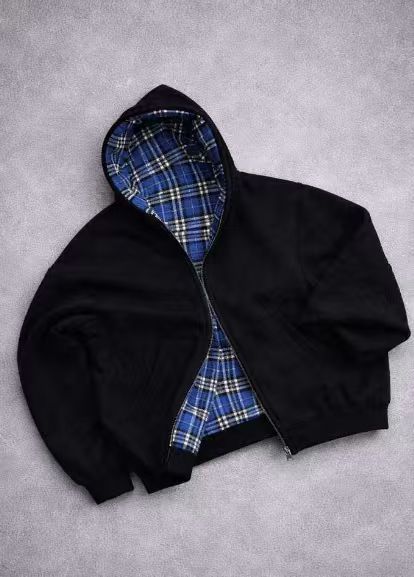 Men's padded hoodie with checked lining and full-length zipper EVA-US