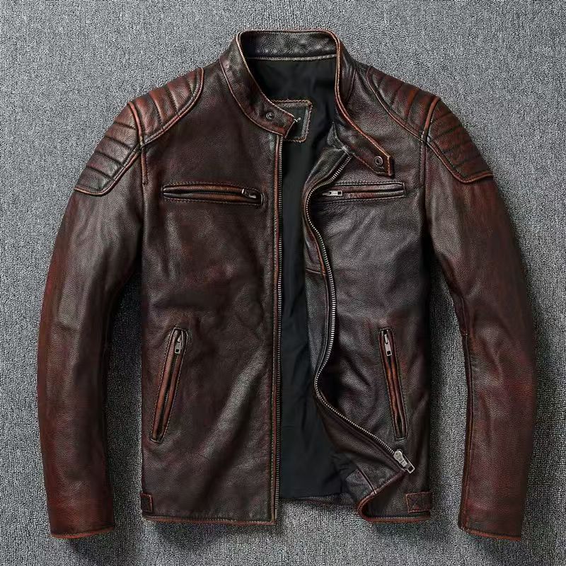 Men's leather jacket in vintage biker style with chest pockets and zipper EVA-US
