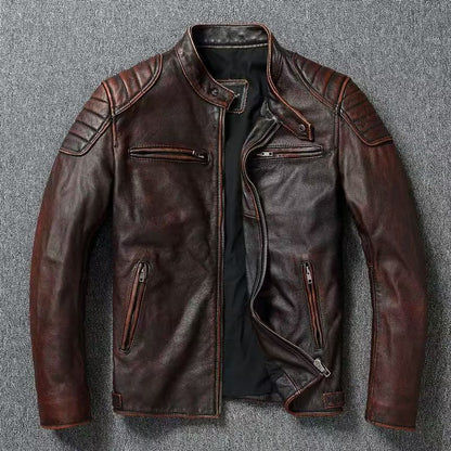 Men's leather jacket in vintage biker style with chest pockets and zipper EVA-US