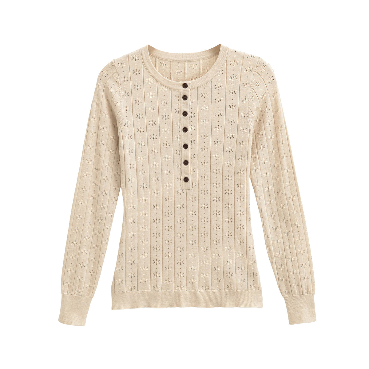Women's fine knit long sleeve with button placket and textured knit EVA-US