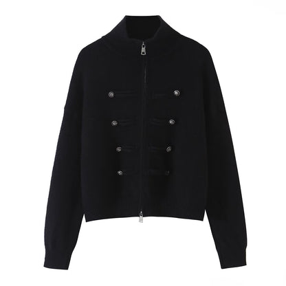 Ladies cardigan with stand-up collar, zipper and decorative knot trims EVA-US