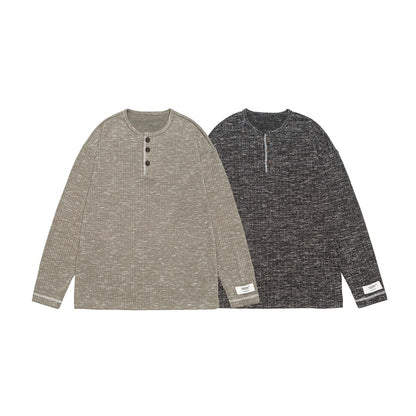 Unisex Thermal Waffle Knit Henley Shirt with Button Placket and Ribbed Texture EVA-US