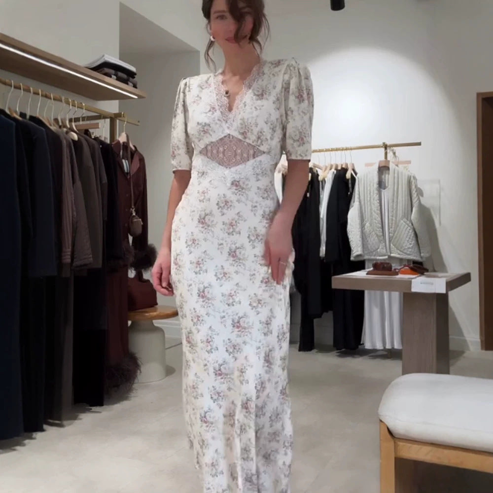 Ladies Romantic Maxi Dress made of flowing satin with lace cut-out & puff sleeves EVA-US