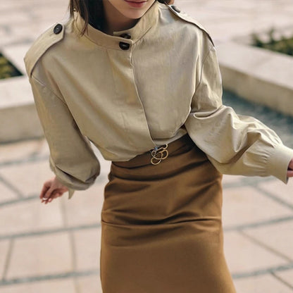 Women's Short Blouse-Trench with Stand-up Collar, Shoulder Patches and Balloon Sleeves EVA-US