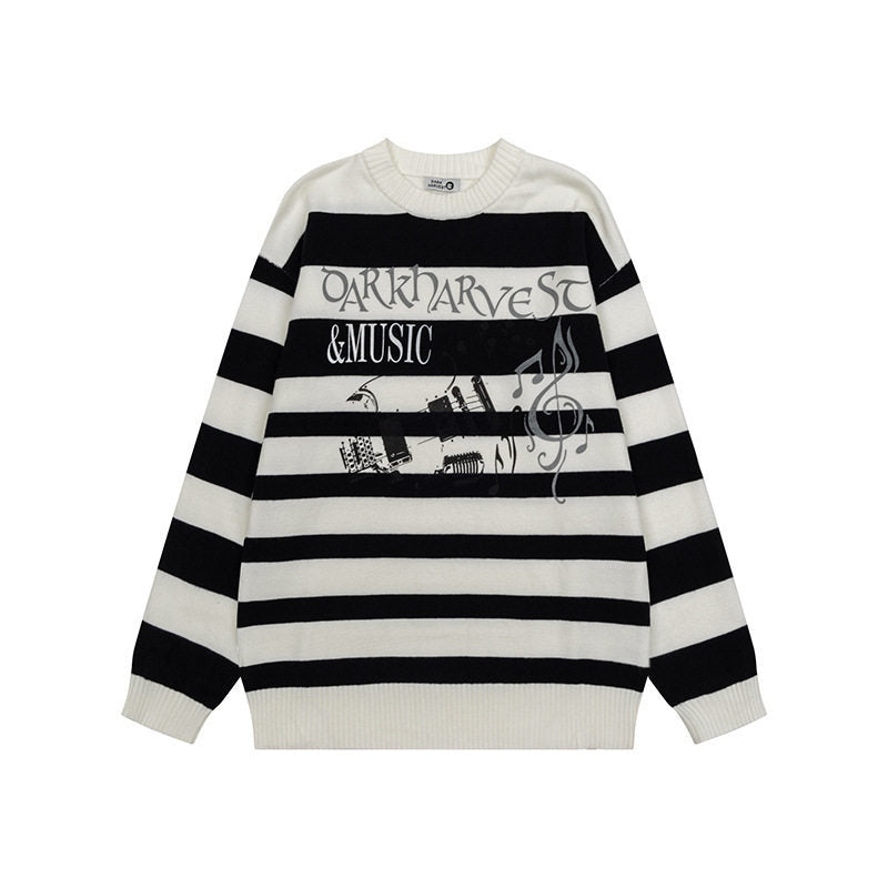 Women Striped Oversized Knit Sweater with Round Neck and Music Graphic EVA-US