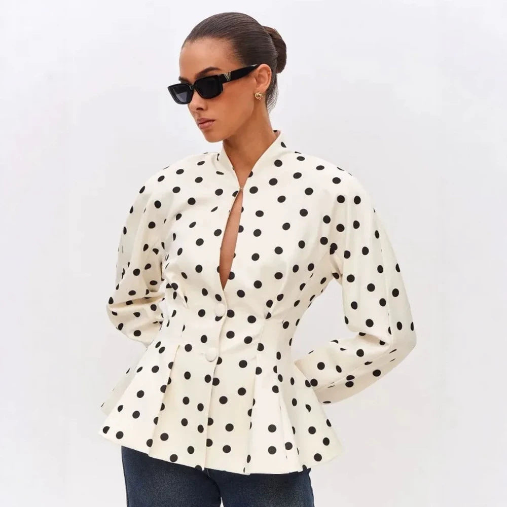 Women Polka Dot Tailored Peplum Blouse with Stand-Up Collar and Concealed Button Placket EVA-US