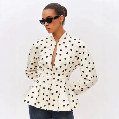 Women Polka Dot Tailored Peplum Blouse with Stand-Up Collar and Concealed Button Placket EVA-US