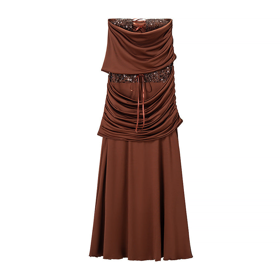 Ladies evening dress with off-the-shoulder draped top and sequin insert EVA-US