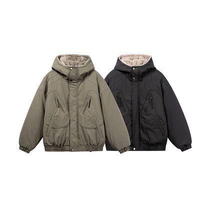 Unisex Short Cut Insulated Jacket in Boxy Cut with Teddy Inner Lining and Diagonally Inserted Zipper Pockets EVA-US