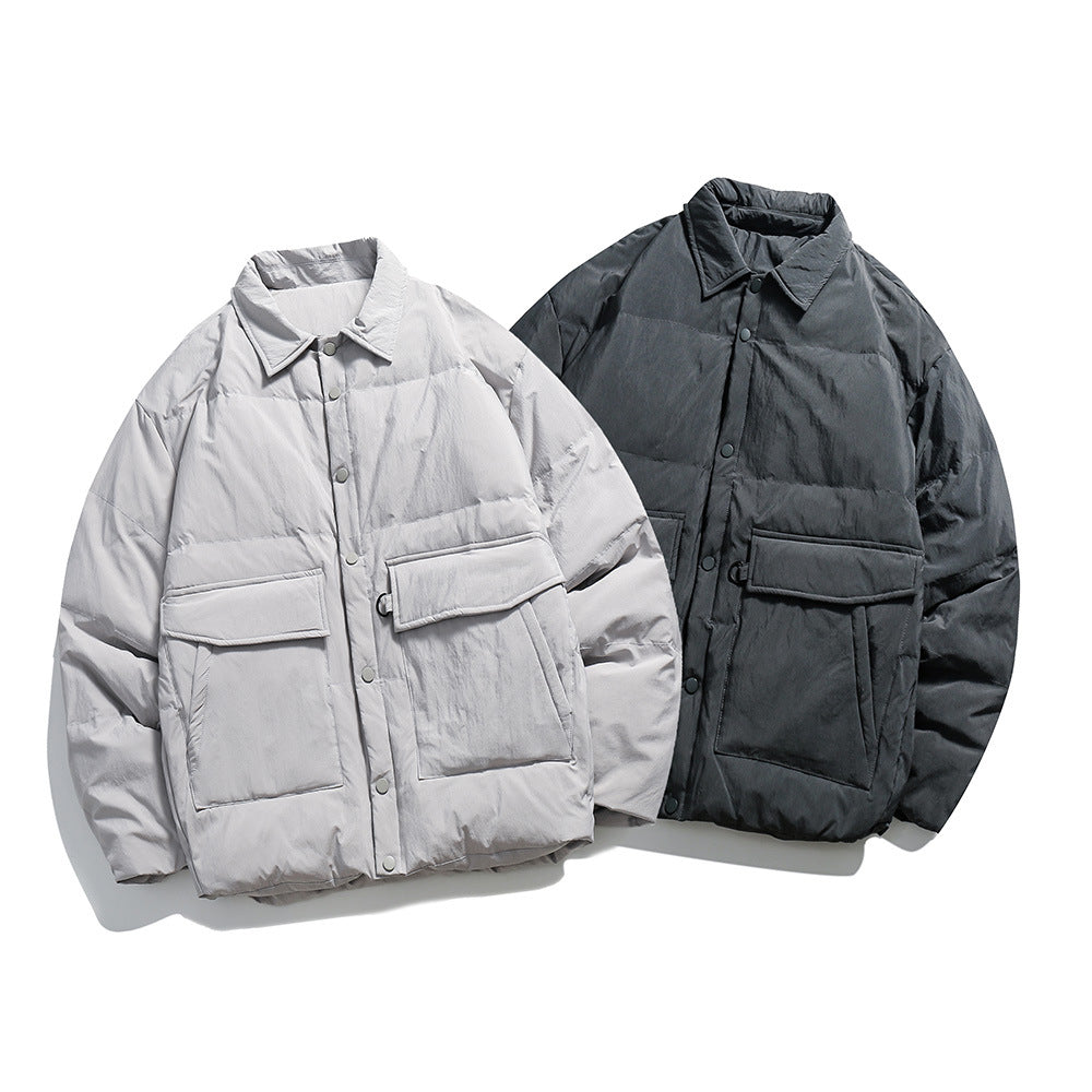 Unisex Boxy padded shirt jacket with large flap pockets and snap button closure EVA-US