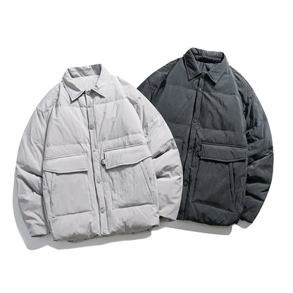 Unisex Boxy padded shirt jacket with large flap pockets and snap button closure EVA-US