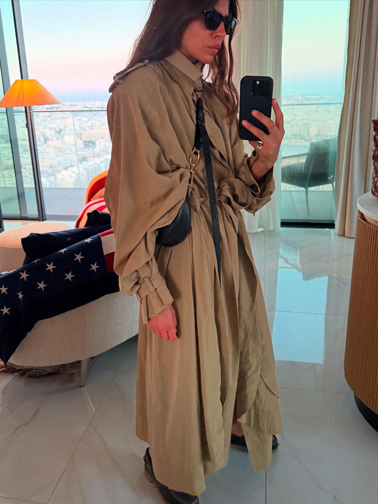 Women's Oversized Trench Coat with Voluminous Balloon Sleeves, Drawstring, and Removable Hood EVA-US