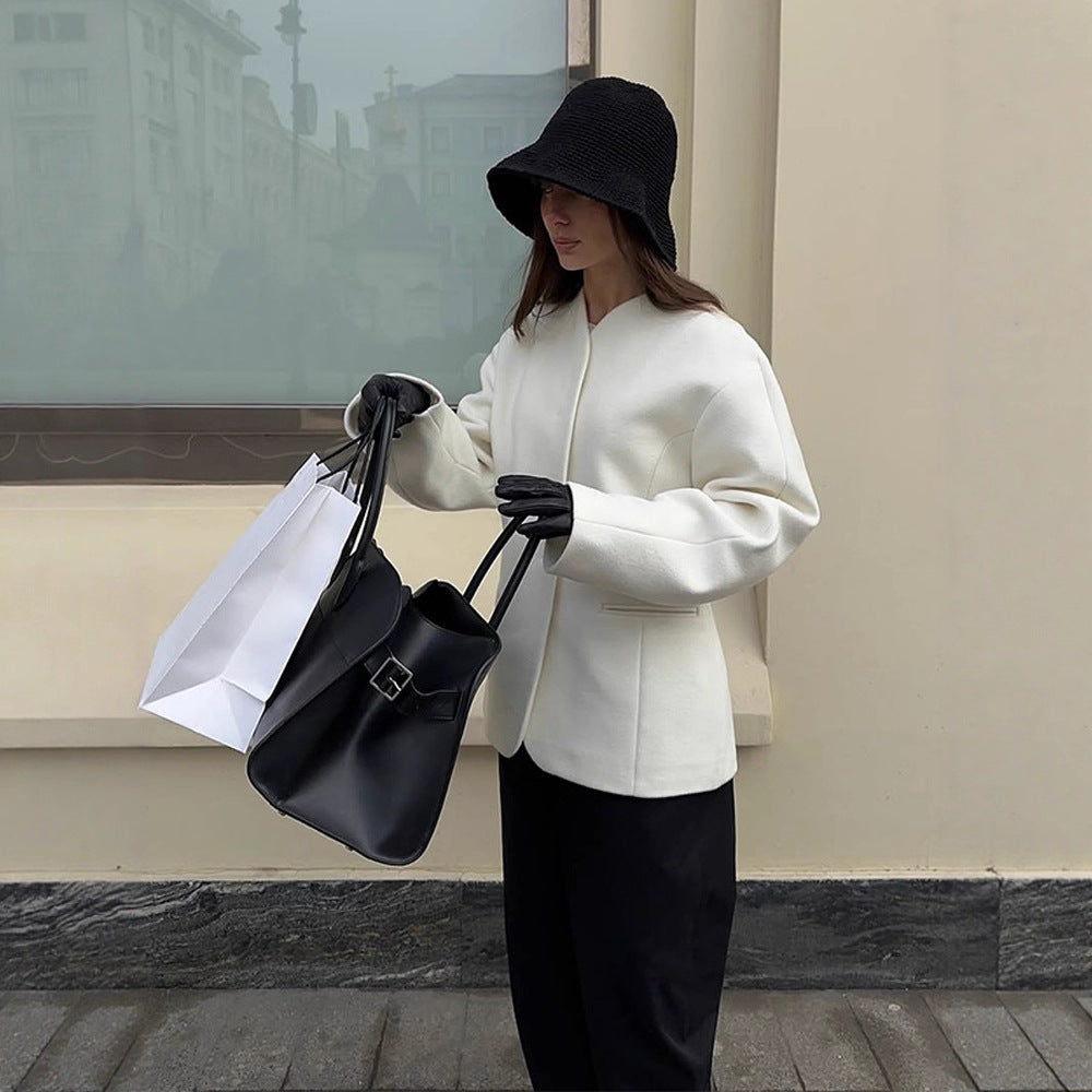 Women Tailored collarless wool blend short coat with clear silhouette EVA-US