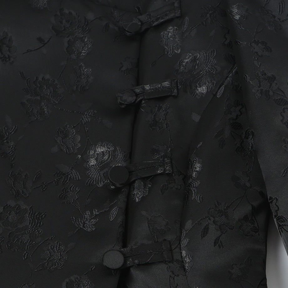 Women's Tailored Jacquard Blazer Jacket with Mandarin Collar and Decorative Knot Closure EVA-US