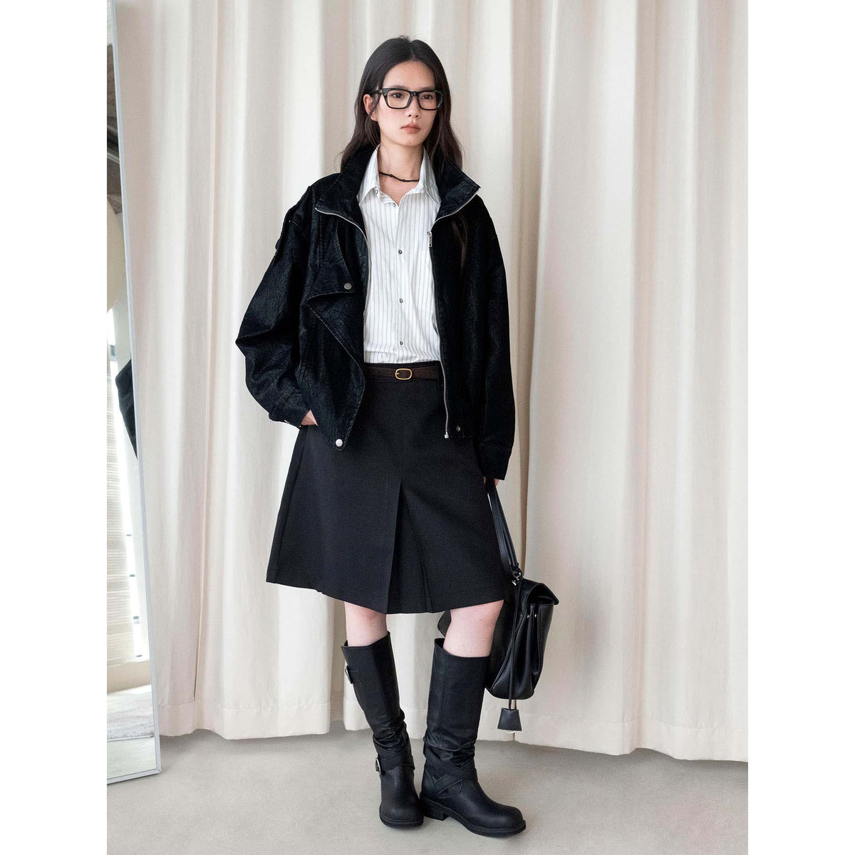 Women Knee-Length A-Line Skirt with Center Slit and Waist Pockets EVA-US