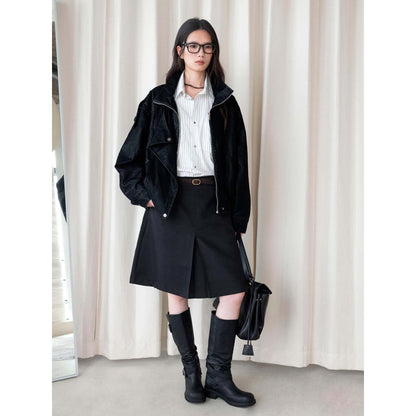 Women Knee-Length A-Line Skirt with Center Slit and Waist Pockets EVA-US