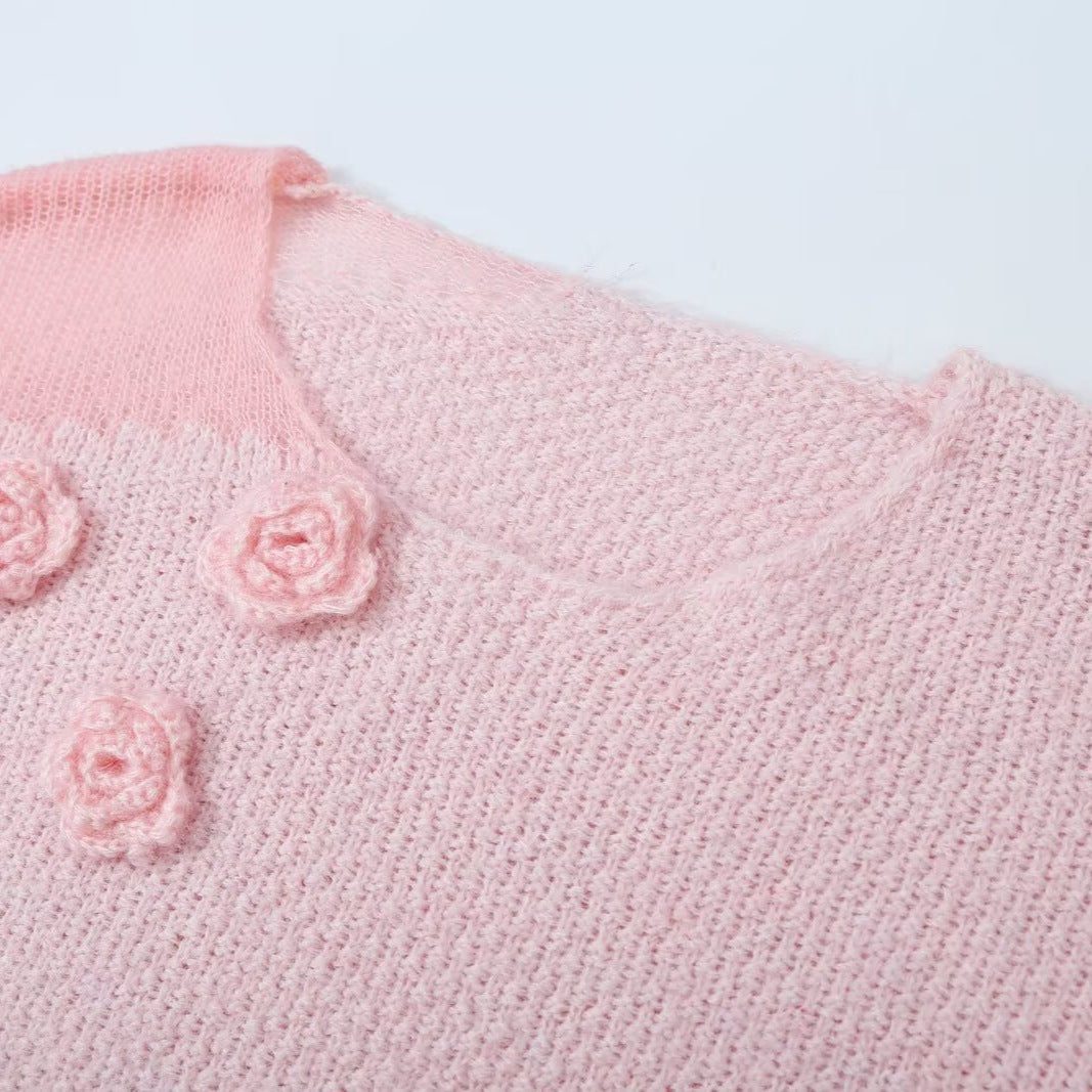 Women's knit set with cozy sweater featuring 3D flower appliqué and A-line skirt EVA-US