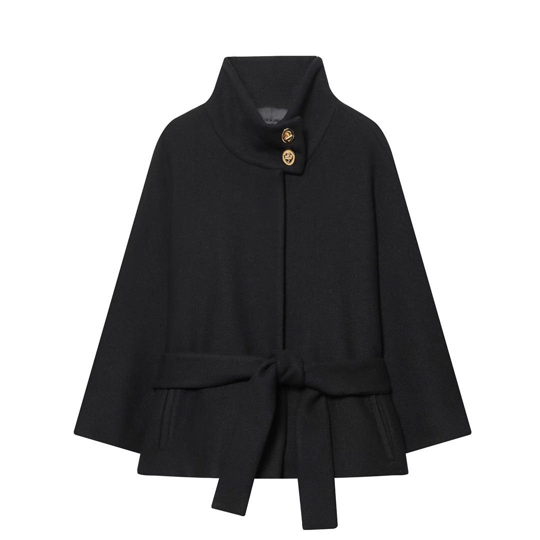 Ladies Cape Coat with Stand Collar, Tie Belt and Decorative Decorative Buttons EVA-US