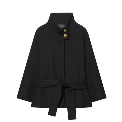 Ladies Cape Coat with Stand Collar, Tie Belt and Decorative Decorative Buttons EVA-US
