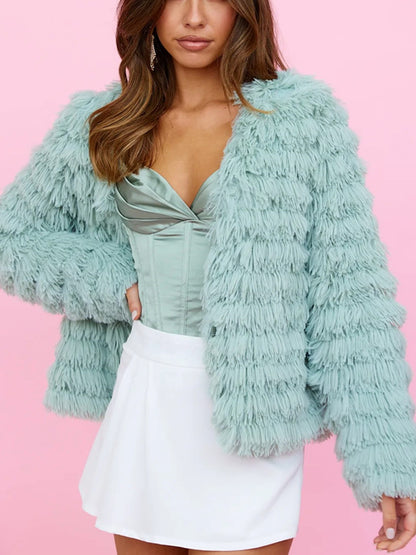 Women Midi-length Plush Coat with Fringe Structure and Open Silhouette EVA-US