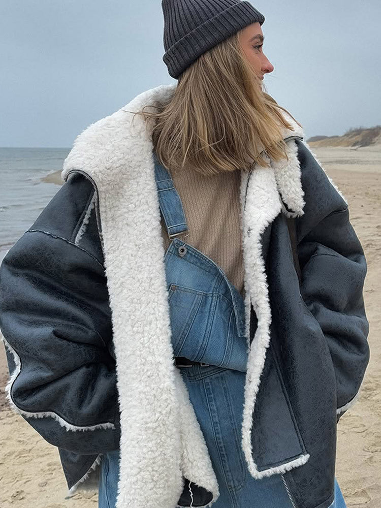 Women's Oversized Pilot Jacket in Vintage Look with Sherpa Lining and Contrast Trimmings EVA-US