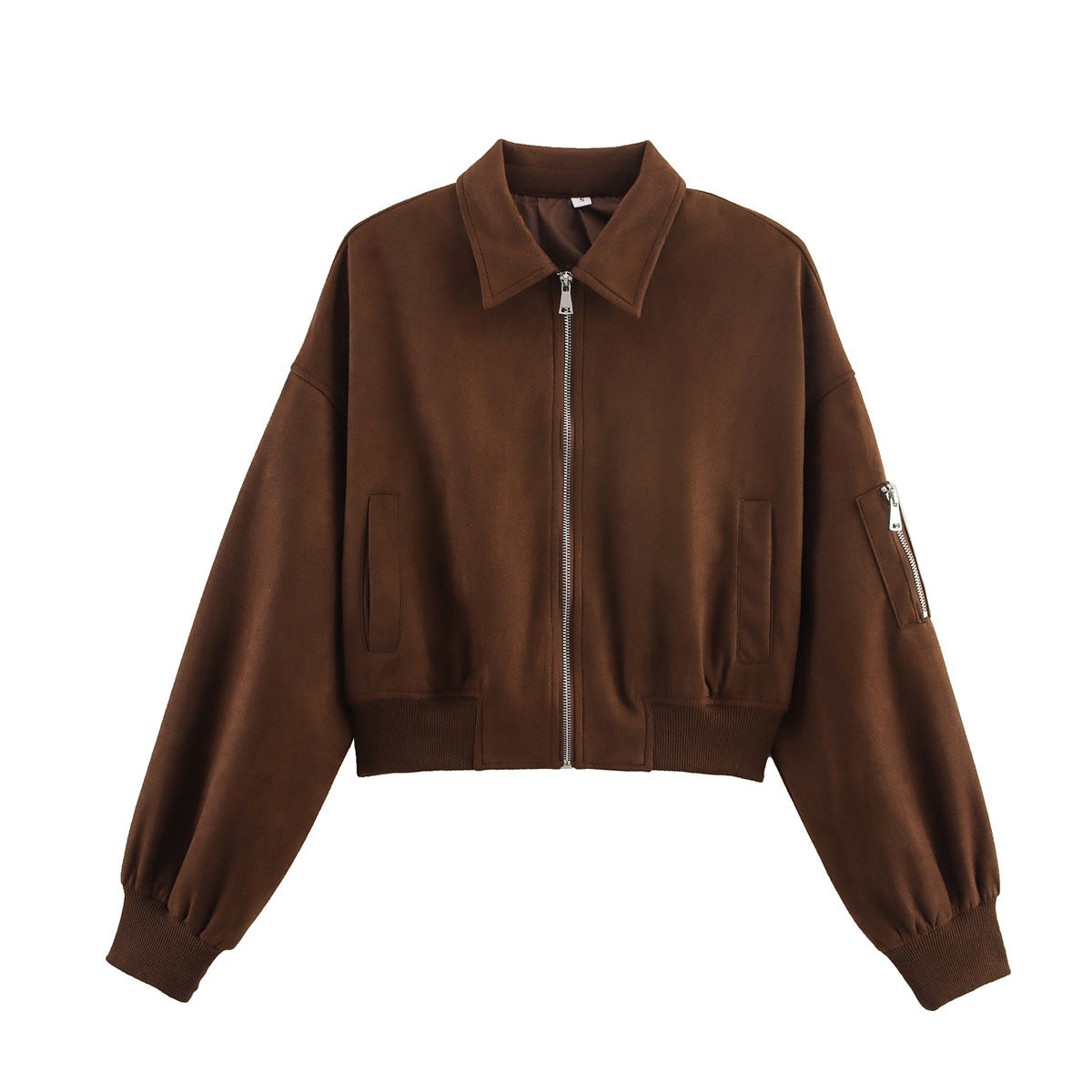 Women's cropped bomber jacket in velour look with shirt collar, sleeve pocket, and fitted ribbed waistband.