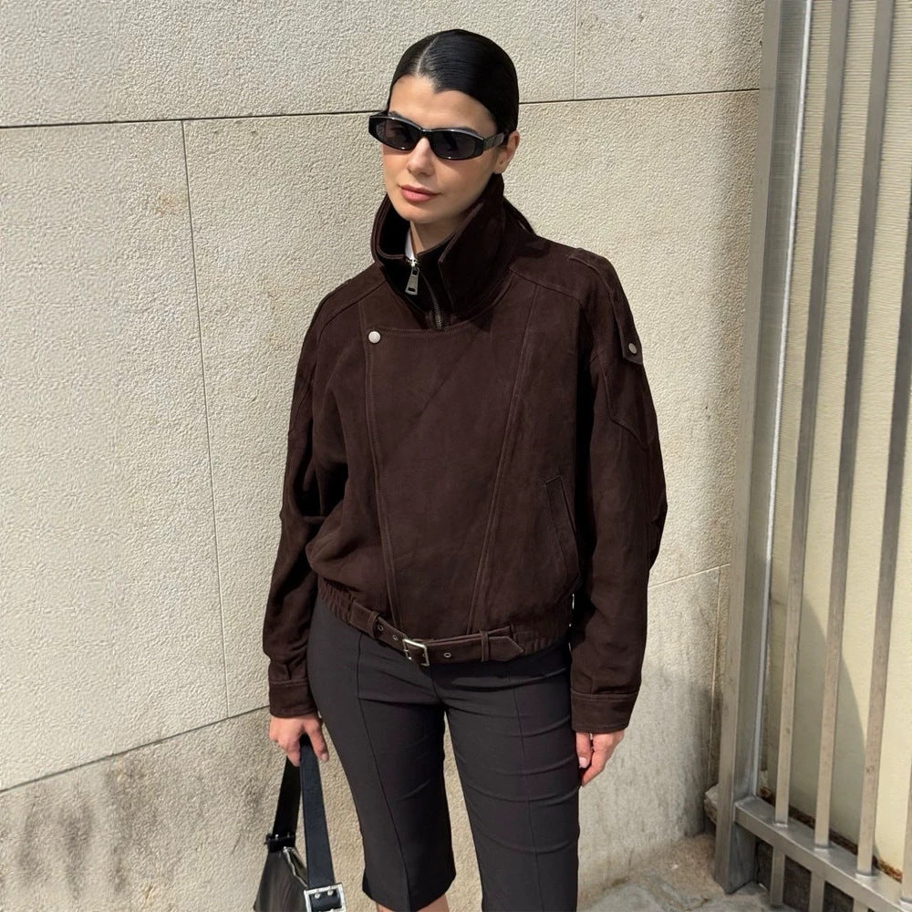 Women Short Velour Leather Bomber Jacket with High Stand-Up Collar and Waist Belt EVA-US