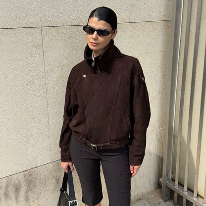 Women Short Velour Leather Bomber Jacket with High Stand-Up Collar and Waist Belt EVA-US