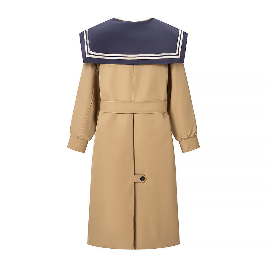 Women's trench coat with oversized sailor collar, waist belt, and concealed button placket EVA-US