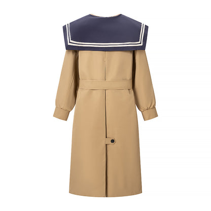 Women's trench coat with oversized sailor collar, waist belt, and concealed button placket EVA-US