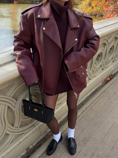 Women's Oversize Biker Jacket made of textured faux leather with asymmetrical zipper EVA-US