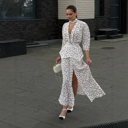 Women's Two-Piece Blouse Set with Deep V-Neck, Tailored Peplum, and Wide Palazzo Trousers EVA-US
