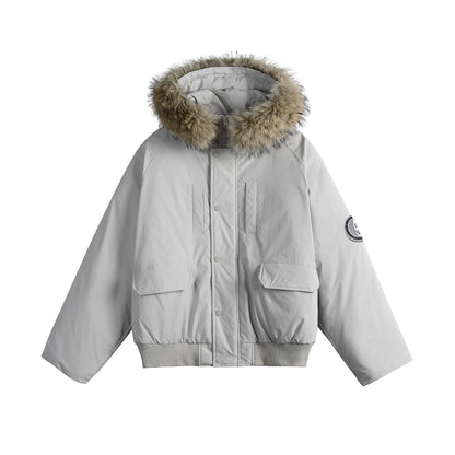 Men's short parka bomber with faux fur-lined hood and robust thermal insulation EVA-US