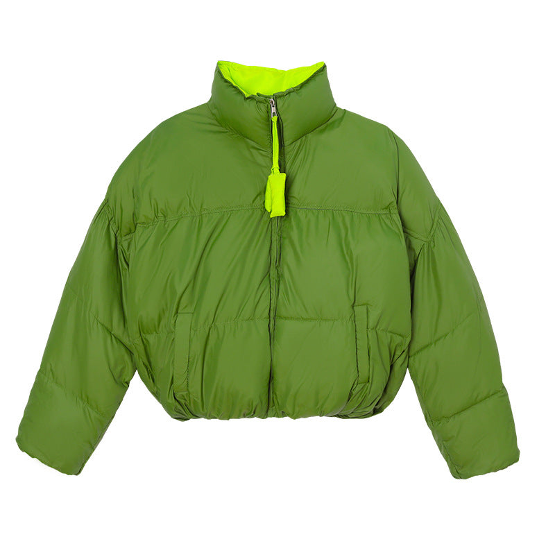 Women's short padded boxy puffer with two-layer stand collar and concealed zipper placket