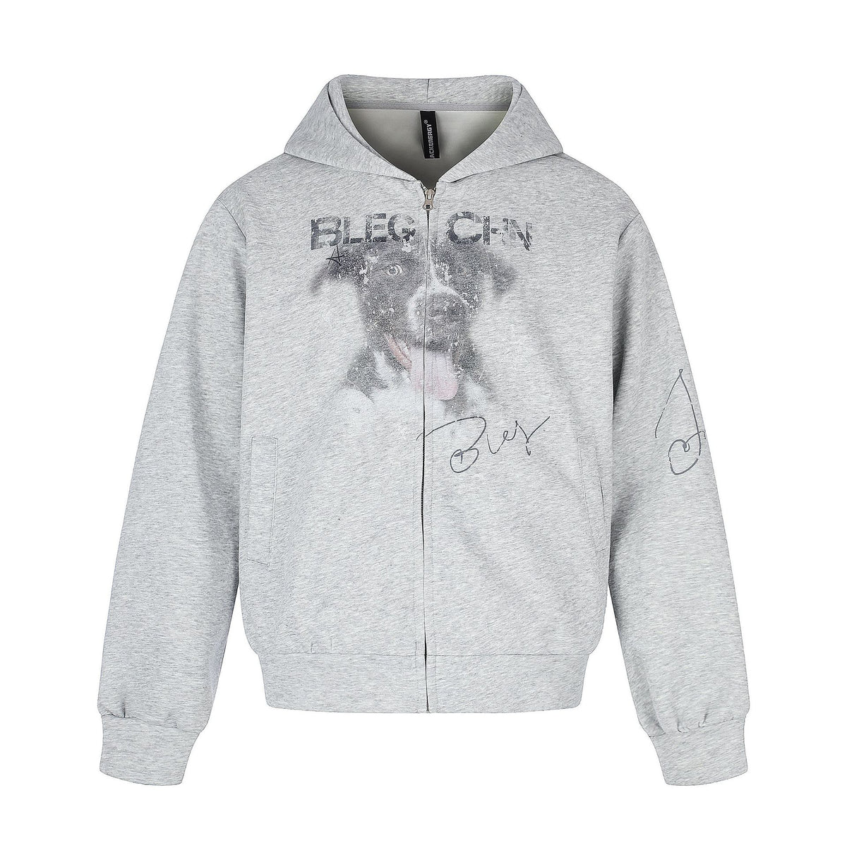 Unisex Short Cut Hooded Zip Jacket with Graphic Dog Print and Ribbed Hem EVA-US