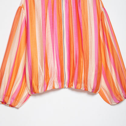 Women Striped Cropped Bomber Jacket with Balloon Sleeves EVA-US
