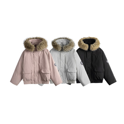 Men's short parka bomber with faux fur-lined hood and robust thermal insulation EVA-US