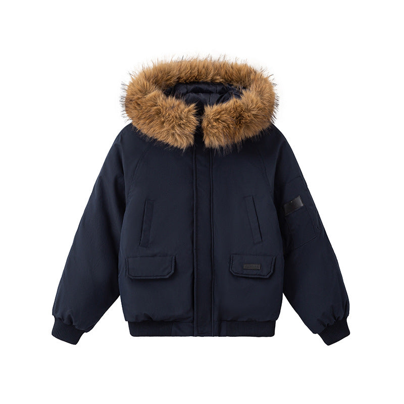 Women's short urban thermal parka with detachable faux fur trim, raglan sleeves, and concealed two-way zipper