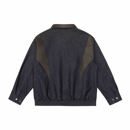 Men's short jacket in boxy cut made of wool-denim mix with leather-trimmed collar and vertical zippered chest pocket EVA-US