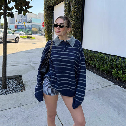 Women's Oversized Knit Sweater with Polo Collar & Stripe Pattern EVA-US