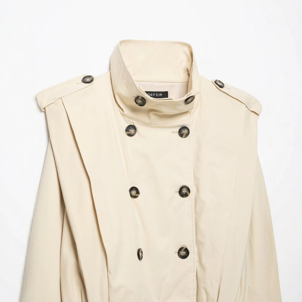 Women's Cropped Trench Coat in Cape Look with Double-Breasted Button Placket and High Stand Collar EVA-US