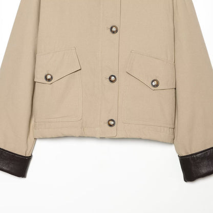 Women's Short Jacket with Contrasted Leather Collar and Cuffed Sleeves EVA-US