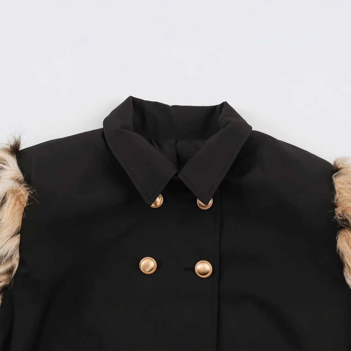 Women's Double-Breasted Short Jacket with Faux Fur Sleeves EVA-US