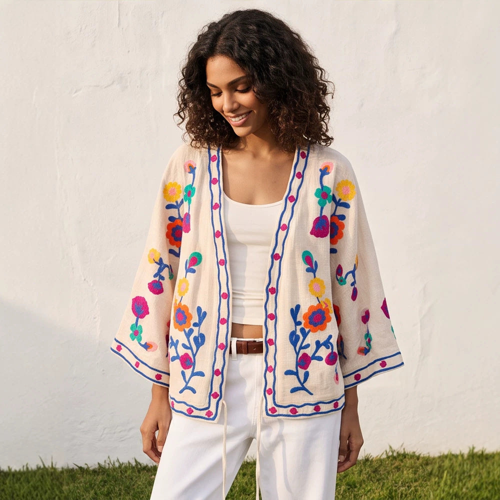 Women embroidered linen wrap jacket with folkloric flower appliqués EVA-US