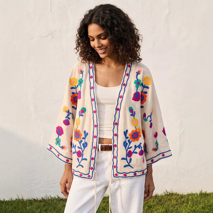 Women embroidered linen wrap jacket with folkloric flower appliqués EVA-US
