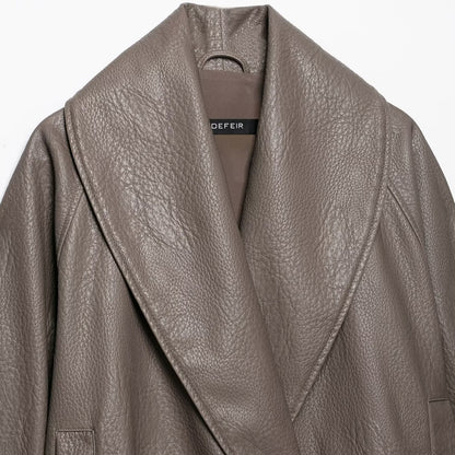 Women's Short Tailored Leather-Look Jacket with Oversized Shawl Collar and Gathered Hem EVA-US