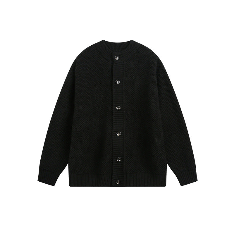 Women's Structured Oversize Knit Cardigan with Round Neck and Continuous Button Placket EVA-US