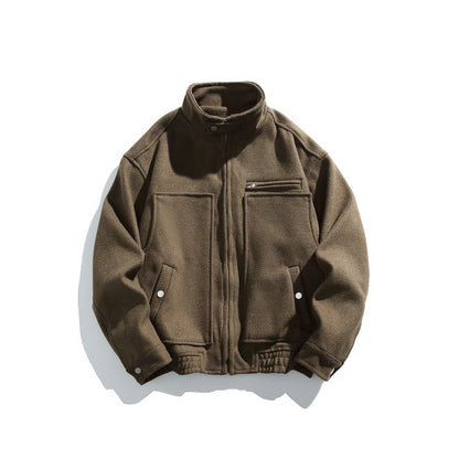 Men's short-cut boxy wool blend blouson with stand-up collar, elastic hem, and zippered chest pocket EVA-US