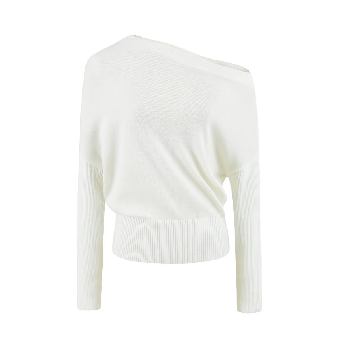 Women's Oversize One-Shoulder Pullover with Batwing Sleeves and Wide Ribbed Cuff EVA-US